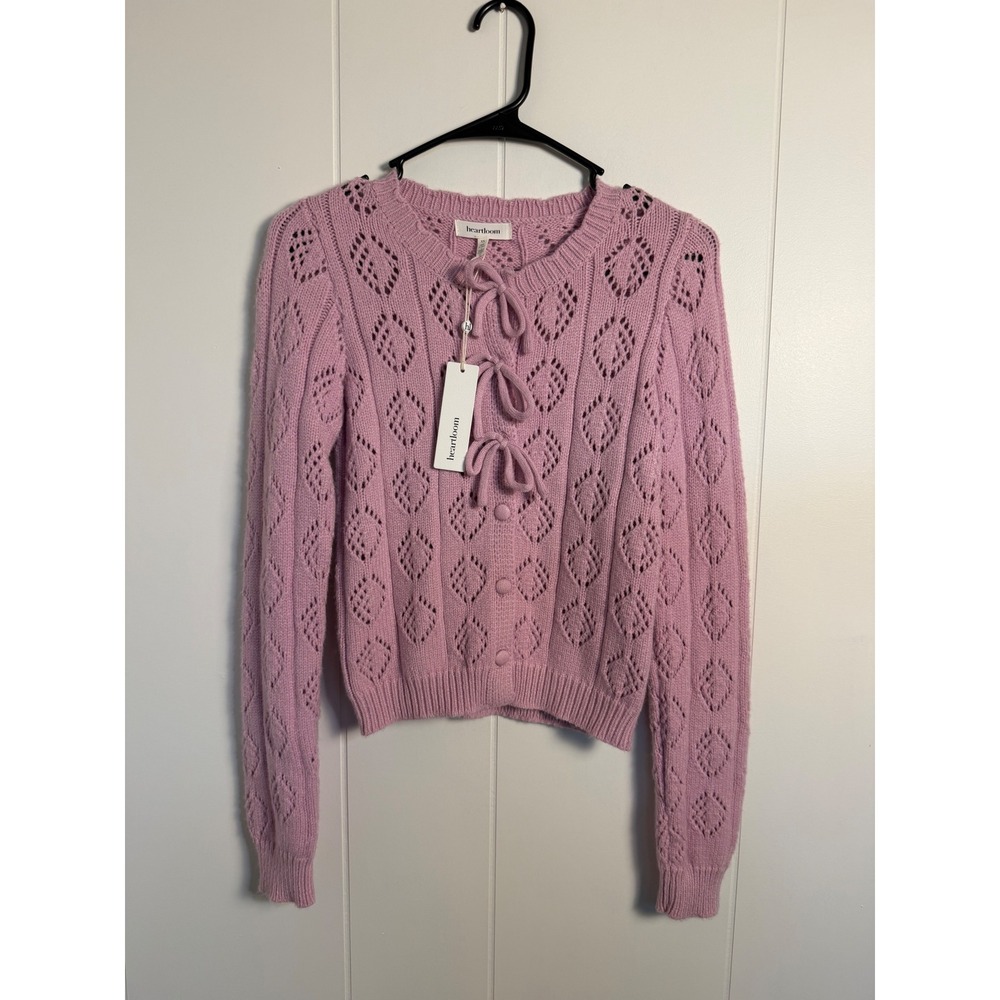 Soft Girl Romantic Coquette Orchid Cardigan XS Pointelle Bow Front Knit Sweater